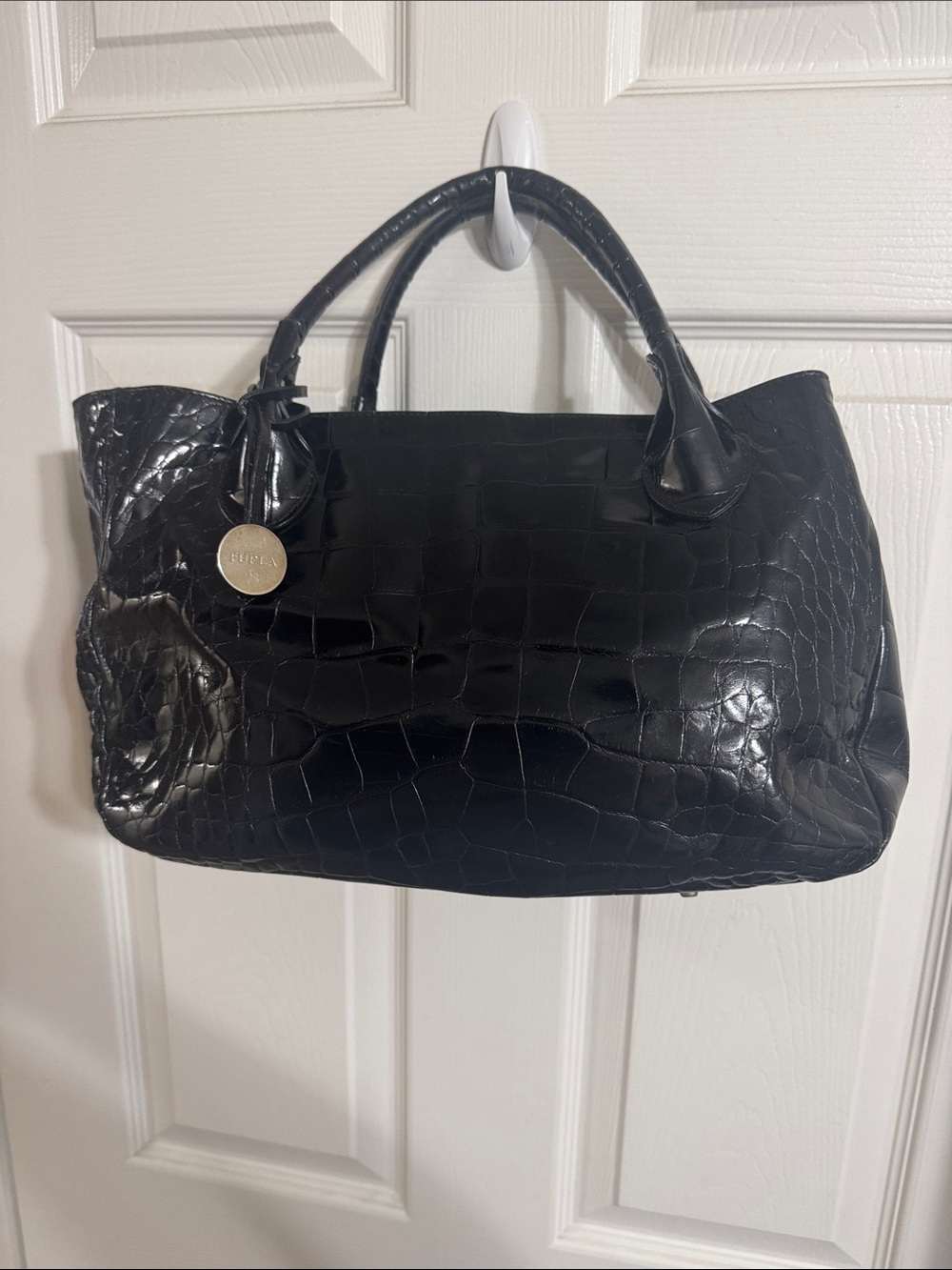 Furla Black Croc-Embossed Leather Shoulder Bag